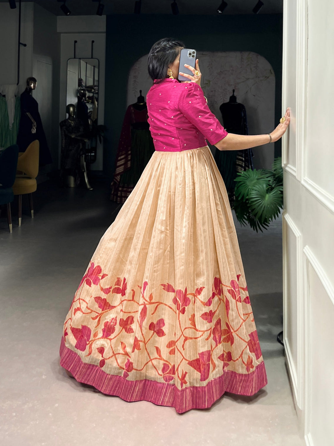 Pink Elegant Green Silk Printed Gown with Embroidered Banglory Koti