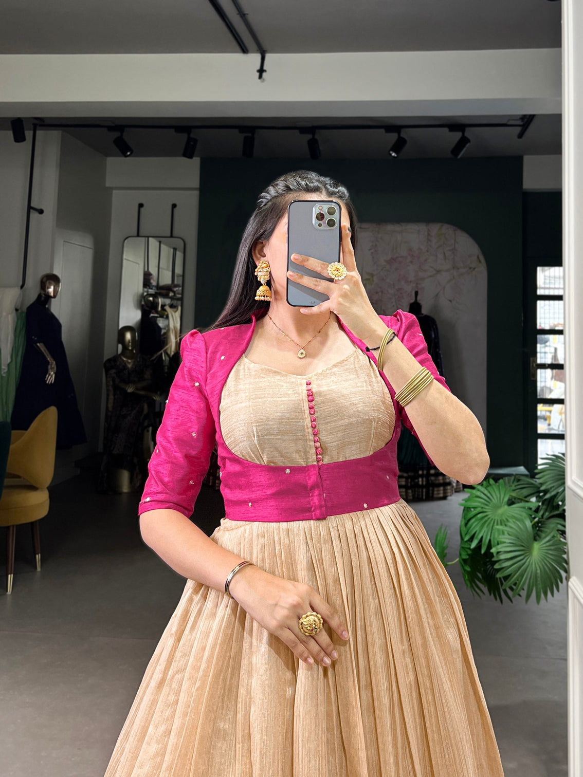 Pink Elegant Green Silk Printed Gown with Embroidered Banglory Koti