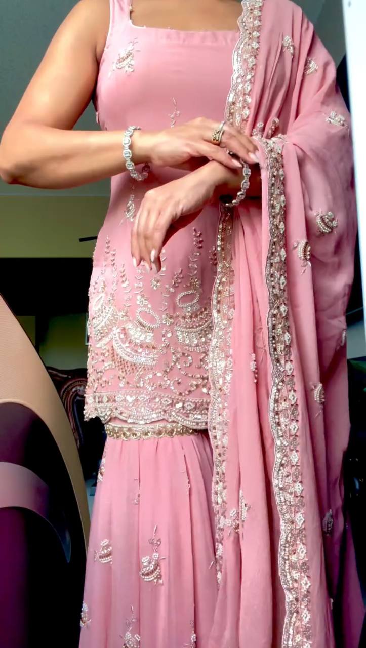 Pink Elegant Heavy Faux Georgette Sharara Palazzo Set with Dupatta – 5mm Sequin & Rivet Moti Embroidery