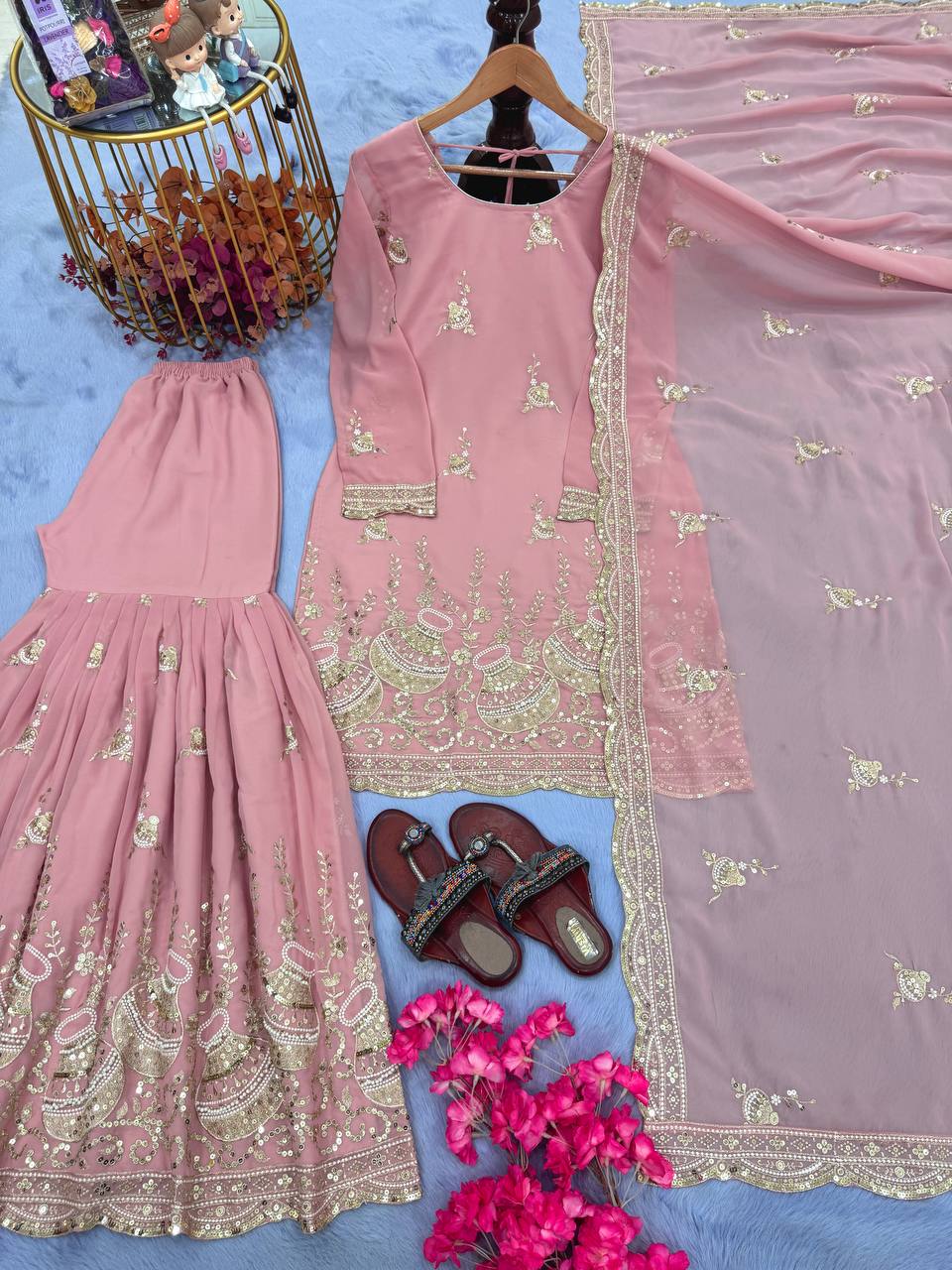 Pink Elegant Heavy Faux Georgette Sharara Palazzo Set with Dupatta – 5mm Sequin & Rivet Moti Embroidery