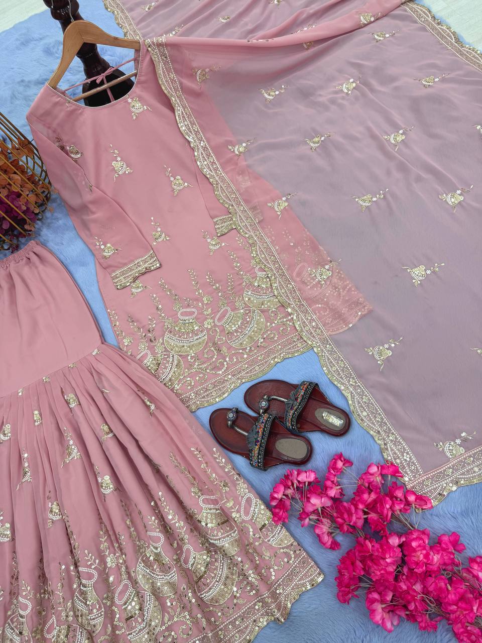Pink Elegant Heavy Faux Georgette Sharara Palazzo Set with Dupatta – 5mm Sequin & Rivet Moti Embroidery