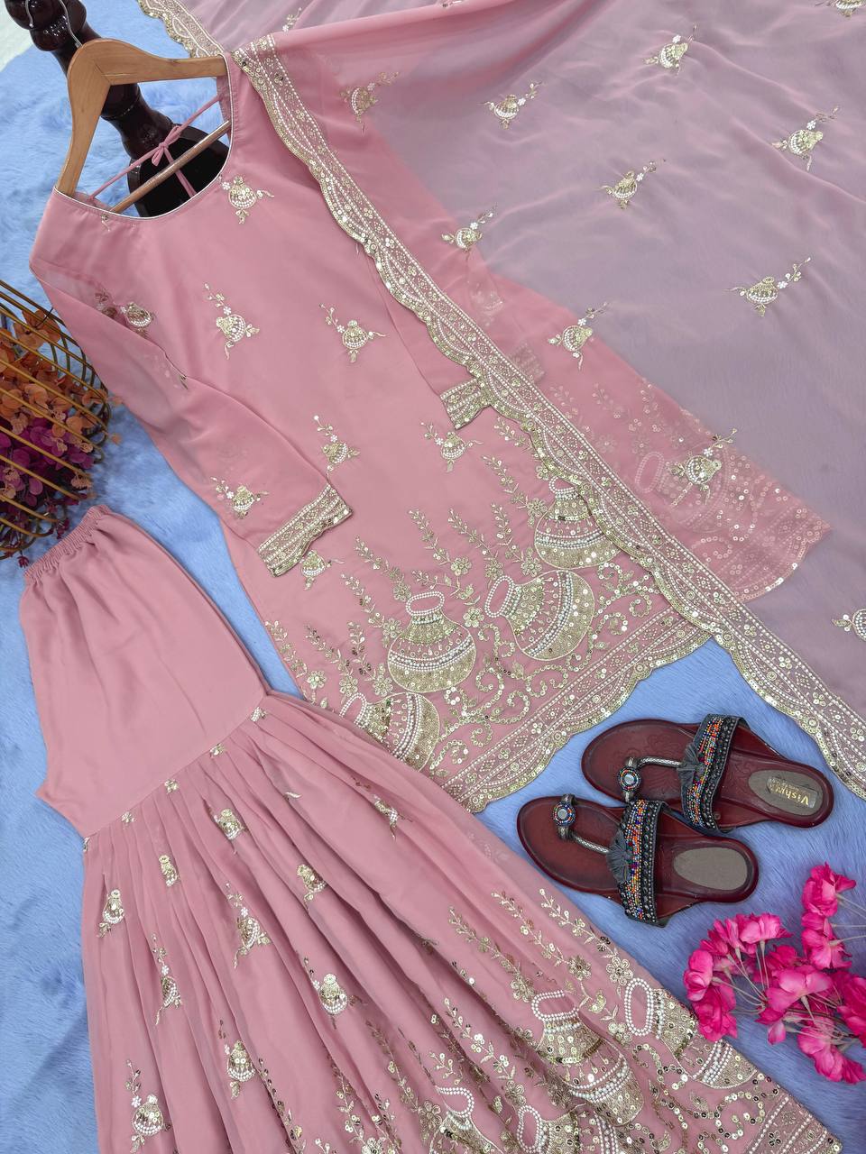 Pink Elegant Heavy Faux Georgette Sharara Palazzo Set with Dupatta – 5mm Sequin & Rivet Moti Embroidery