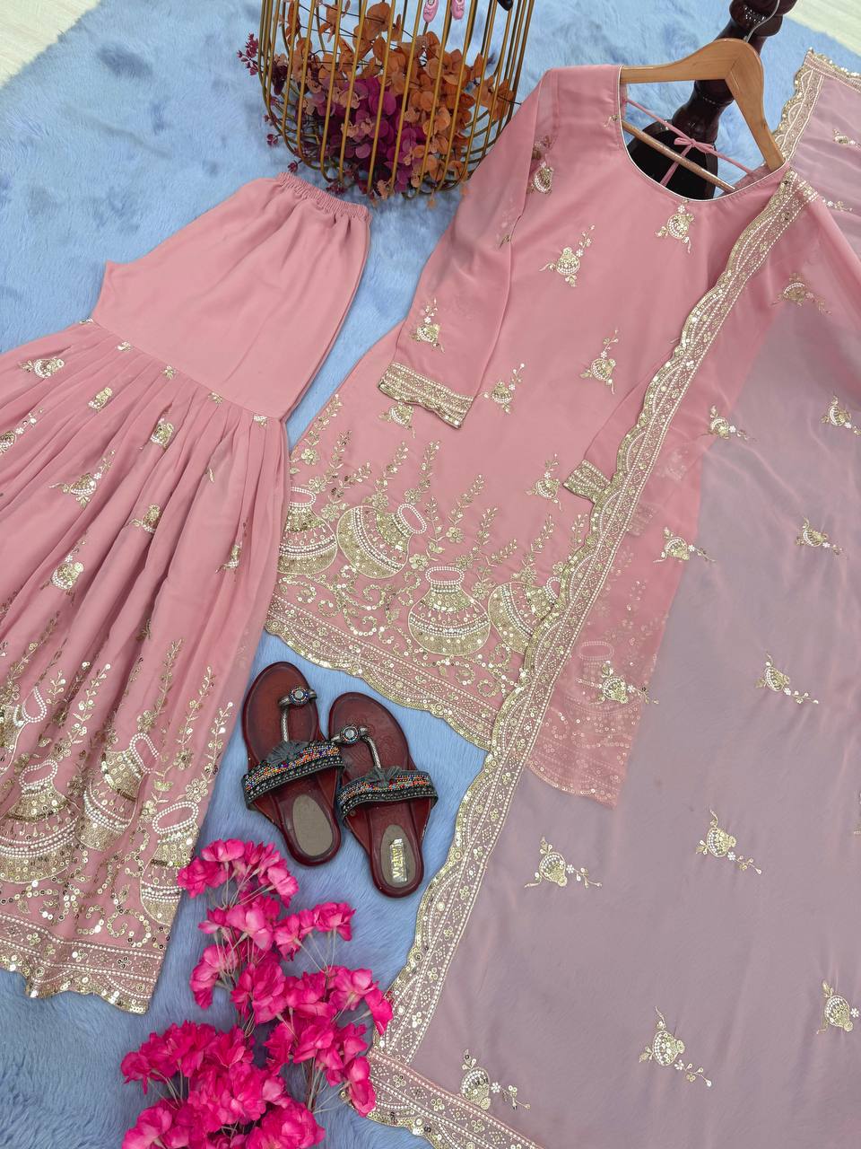 Pink Elegant Heavy Faux Georgette Sharara Palazzo Set with Dupatta – 5mm Sequin & Rivet Moti Embroidery