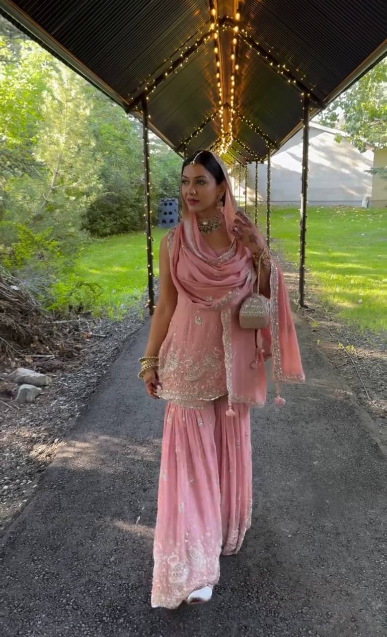 Pink Elegant Heavy Faux Georgette Sharara Palazzo Set with Dupatta – 5mm Sequin & Rivet Moti Embroidery