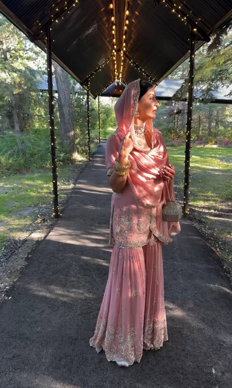 Pink Elegant Heavy Faux Georgette Sharara Palazzo Set with Dupatta – 5mm Sequin & Rivet Moti Embroidery