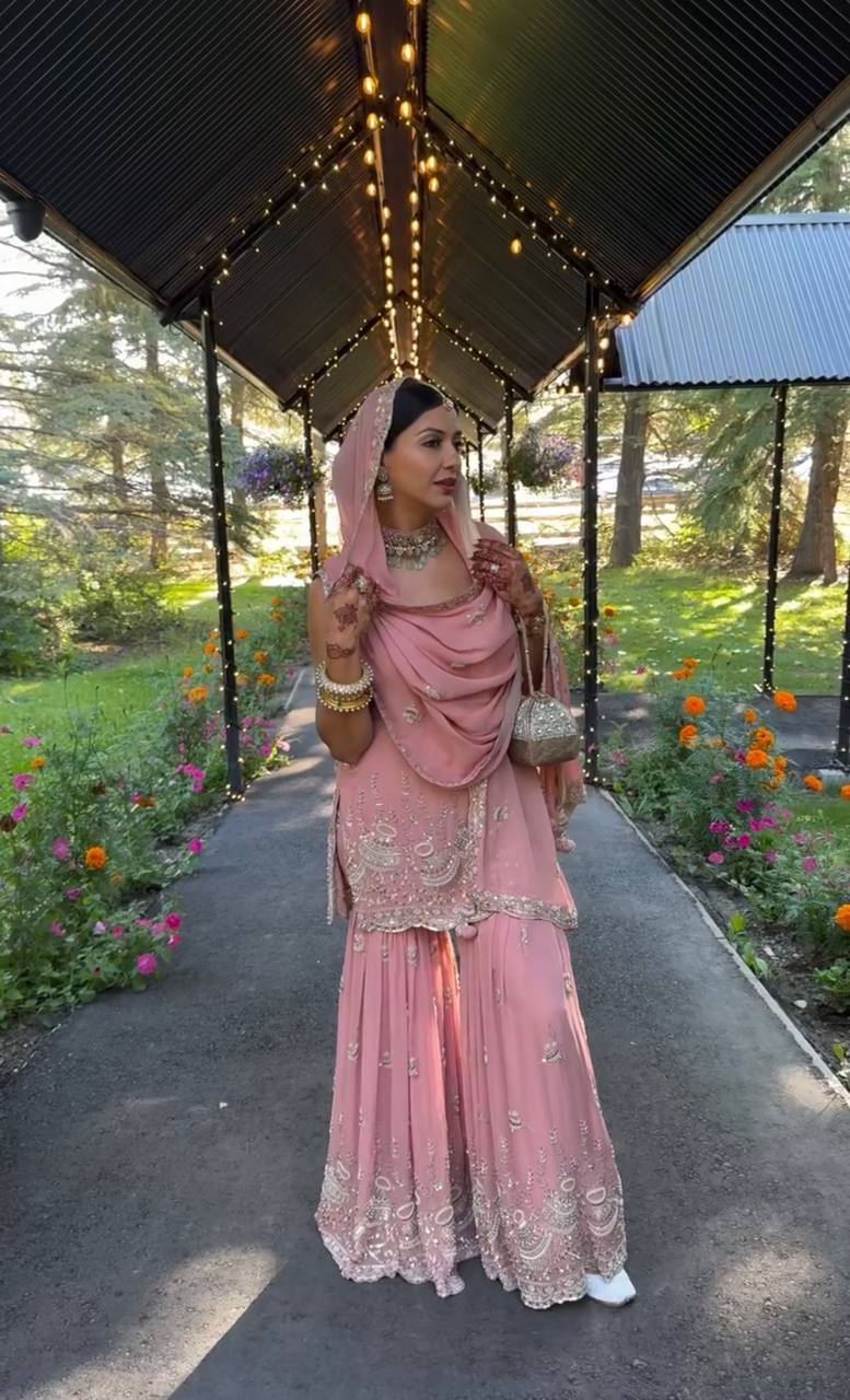 Pink Elegant Heavy Faux Georgette Sharara Palazzo Set with Dupatta – 5mm Sequin & Rivet Moti Embroidery
