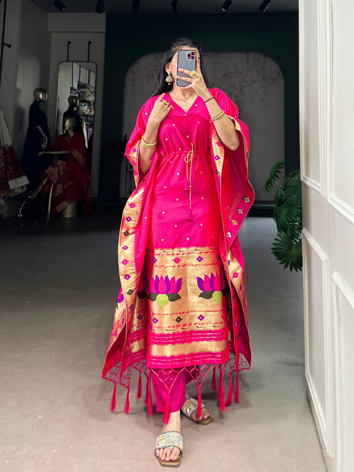 Pink Elegant Jacquard Paithani Kaftan with Zari Weaving Work
