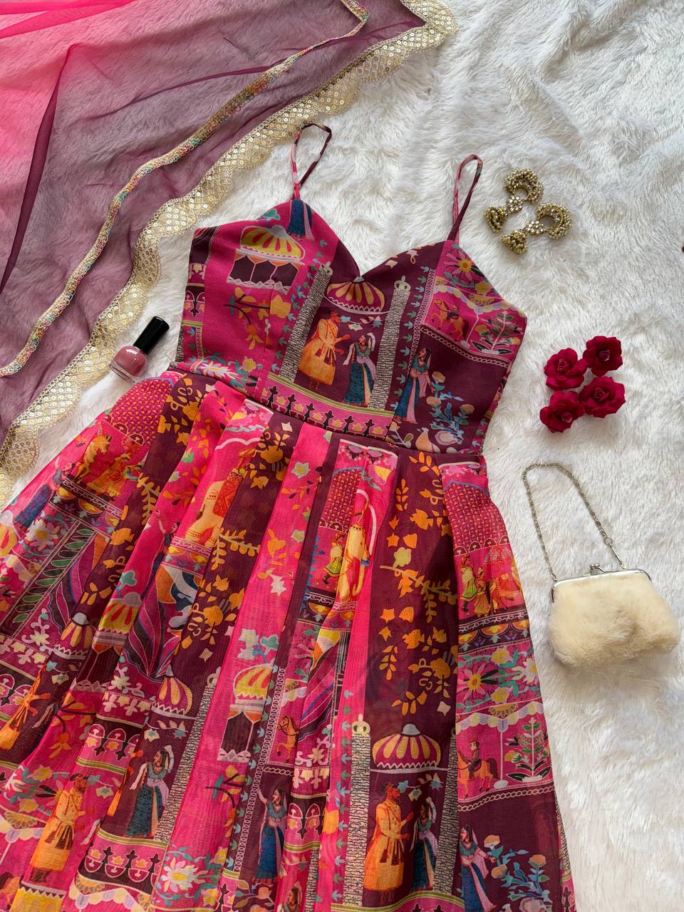 Pink Elegant Jimmy Organza Silk Digital Printed Anarkali Gown with Designer Dupatta – 8 Meter Flair