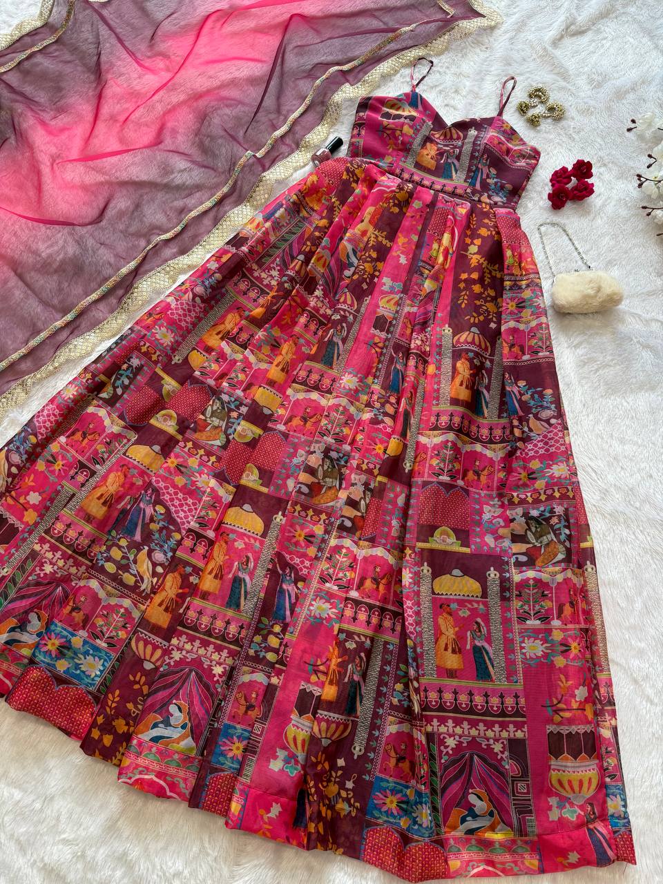 Pink Elegant Jimmy Organza Silk Digital Printed Anarkali Gown with Designer Dupatta – 8 Meter Flair