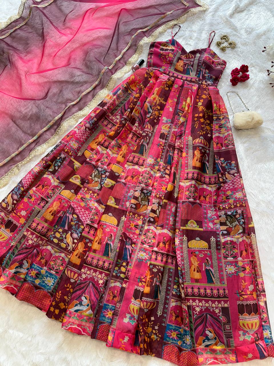 Pink Elegant Jimmy Organza Silk Digital Printed Anarkali Gown with Designer Dupatta – 8 Meter Flair
