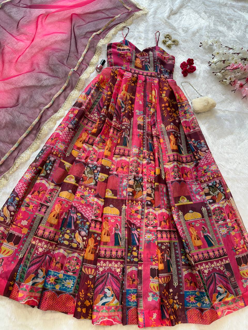 Pink Elegant Jimmy Organza Silk Digital Printed Anarkali Gown with Designer Dupatta – 8 Meter Flair