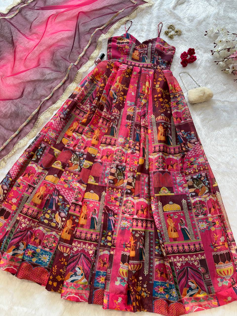 Pink Elegant Jimmy Organza Silk Digital Printed Anarkali Gown with Designer Dupatta – 8 Meter Flair
