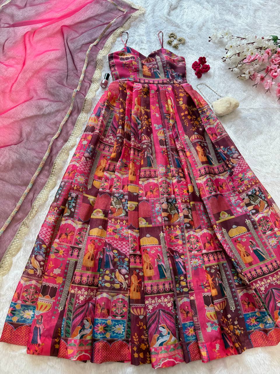 Pink Elegant Jimmy Organza Silk Digital Printed Anarkali Gown with Designer Dupatta – 8 Meter Flair