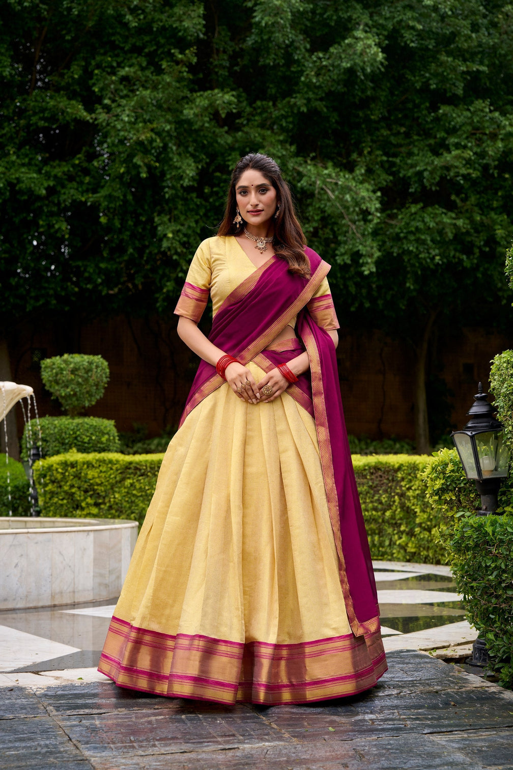 Pink Elegant Kanchipuram Lehenga with Zari Weaving Work – Full-Stitched Lehenga & Blouse with Georgette Zari Dupatta