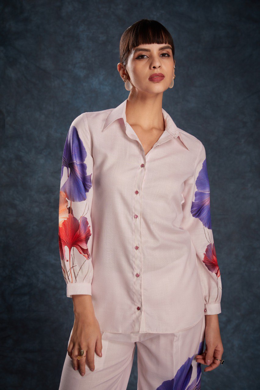 Pink Elegant Light Pink Printed Linen Co-Ord Set Top & Pant