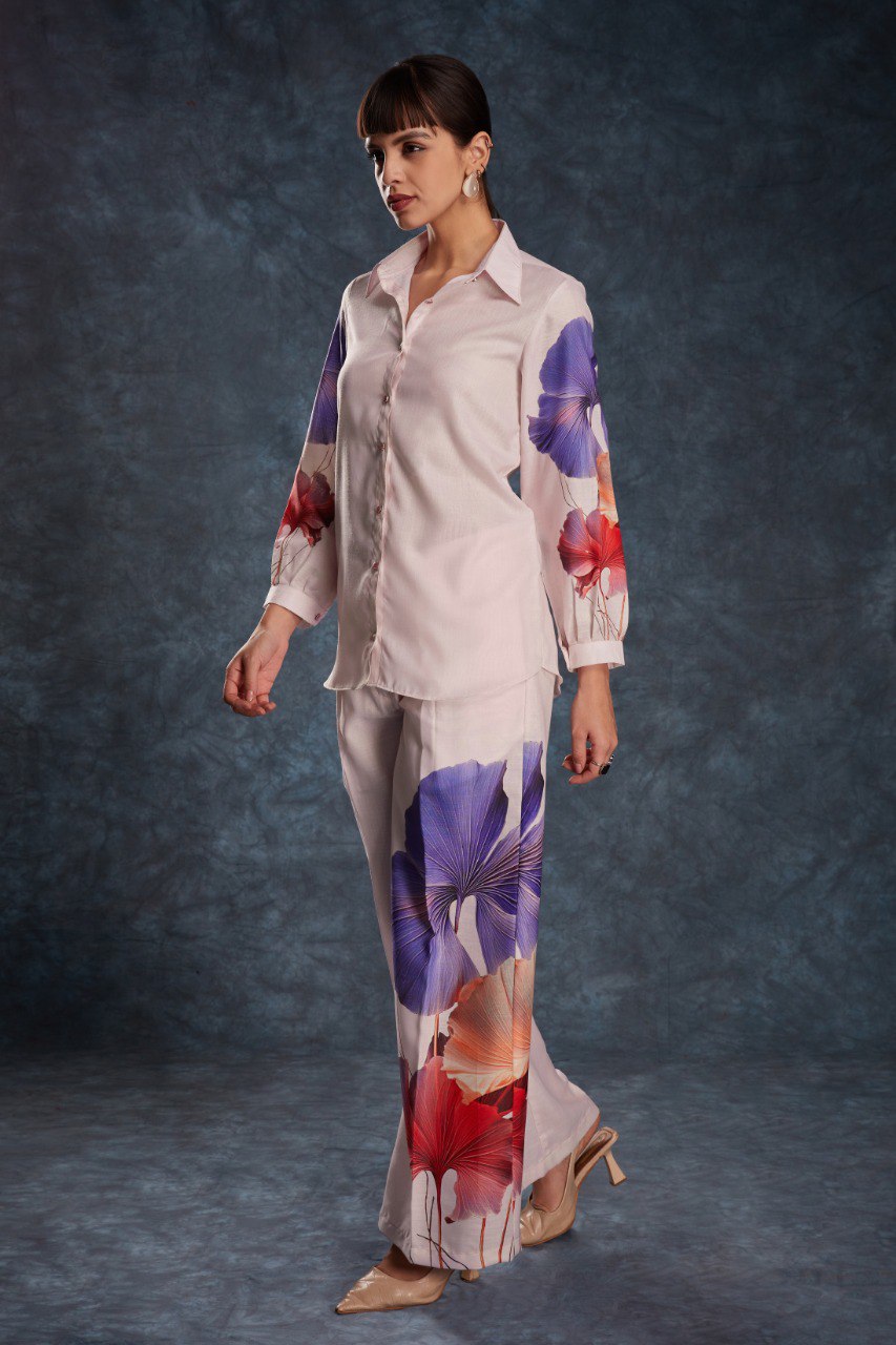Pink Elegant Light Pink Printed Linen Co-Ord Set Top & Pant