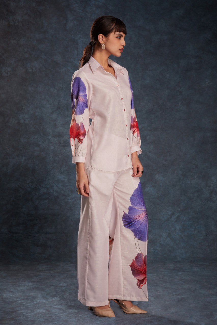Pink Elegant Light Pink Printed Linen Co-Ord Set Top & Pant