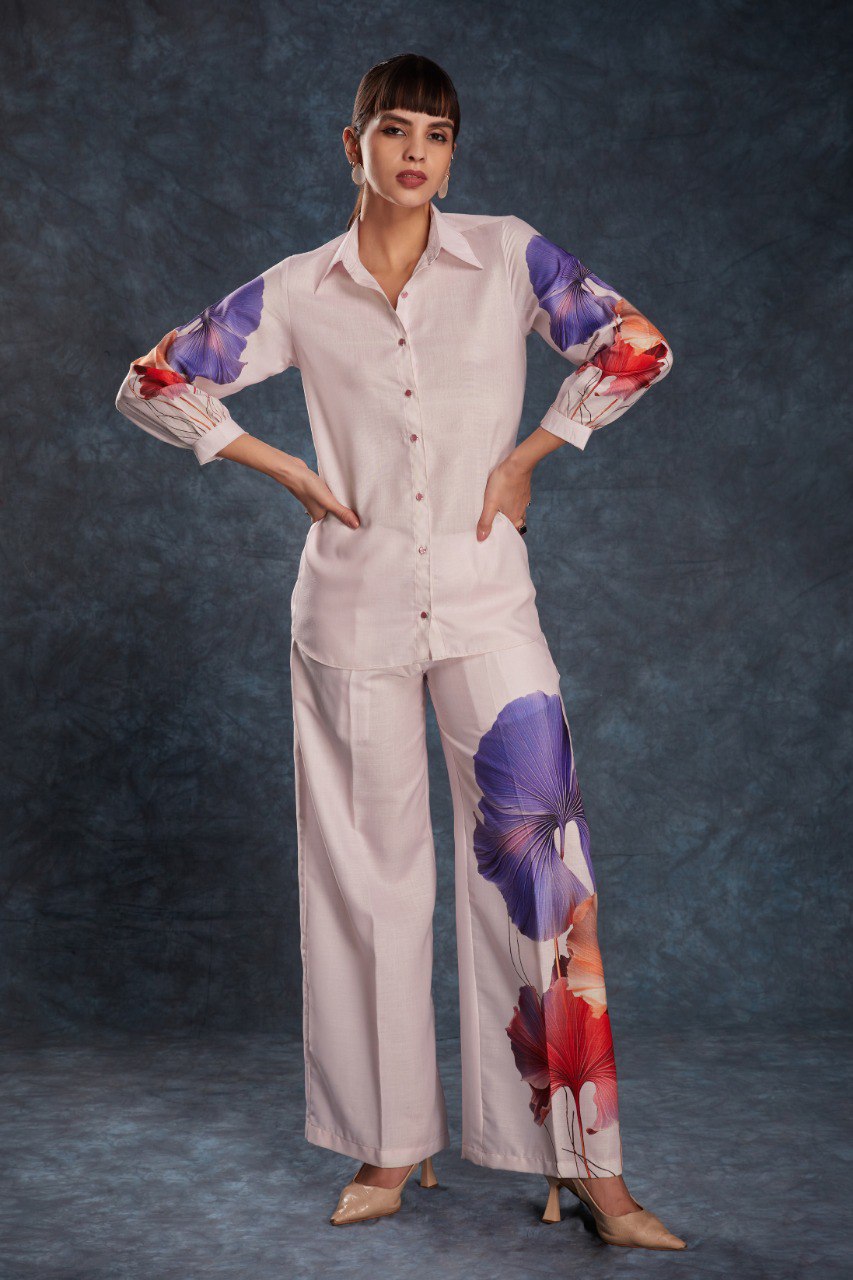 Pink Elegant Light Pink Printed Linen Co-Ord Set Top & Pant