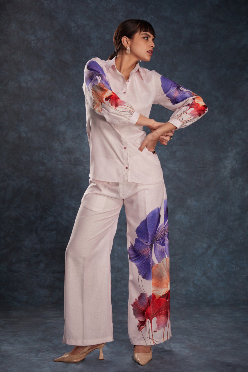 Pink Elegant Light Pink Printed Linen Co-Ord Set Top & Pant