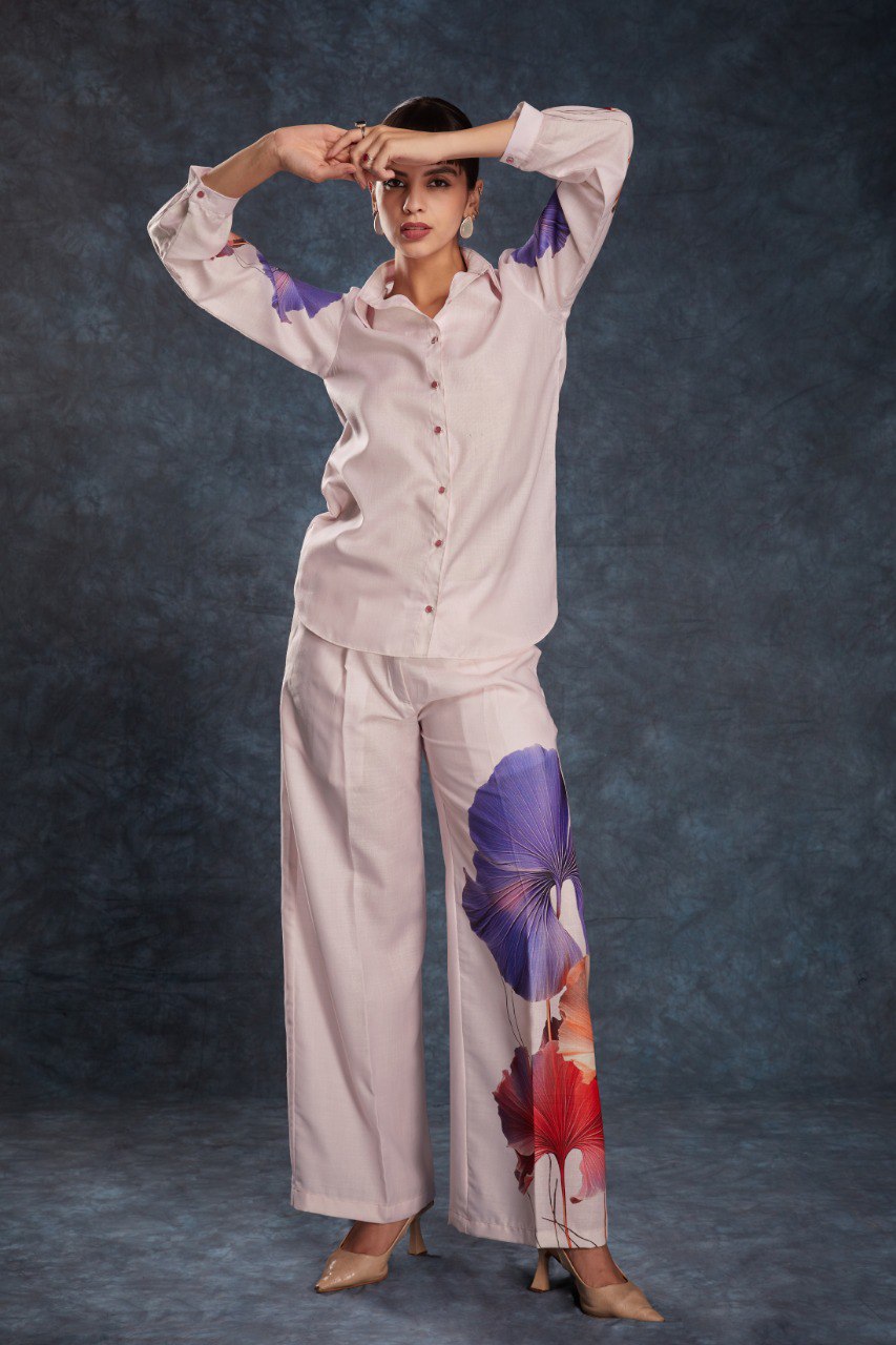 Pink Elegant Light Pink Printed Linen Co-Ord Set Top & Pant