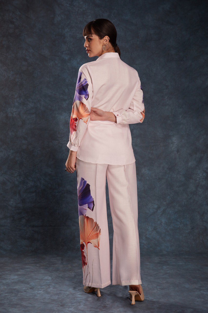 Pink Elegant Light Pink Printed Linen Co-Ord Set Top & Pant