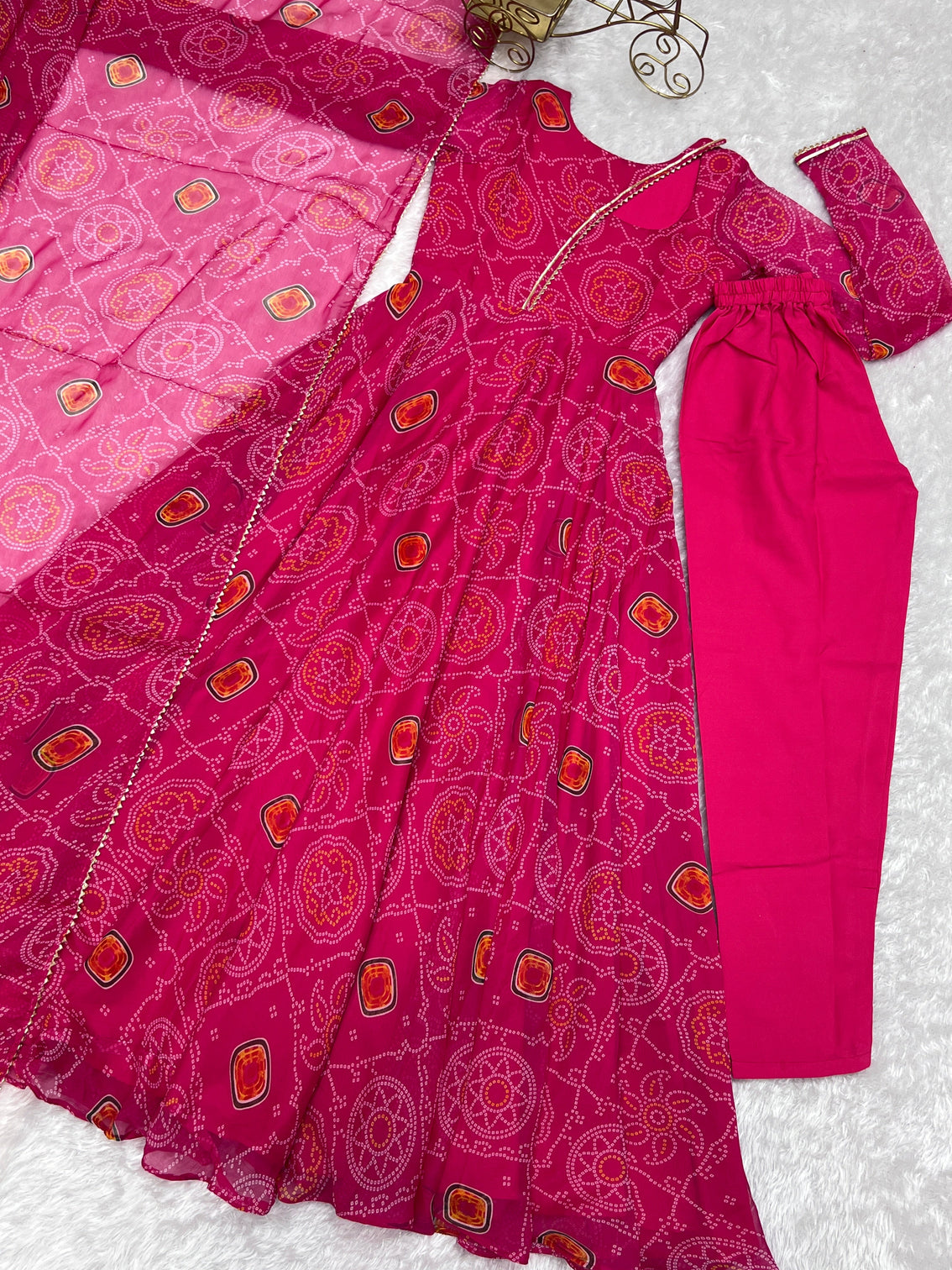 Pink Elegant Lightweight Chiffon Bandhej Anarkali Gown with Dupatta & Pants - Fully Stitched Ready-to-Wear
