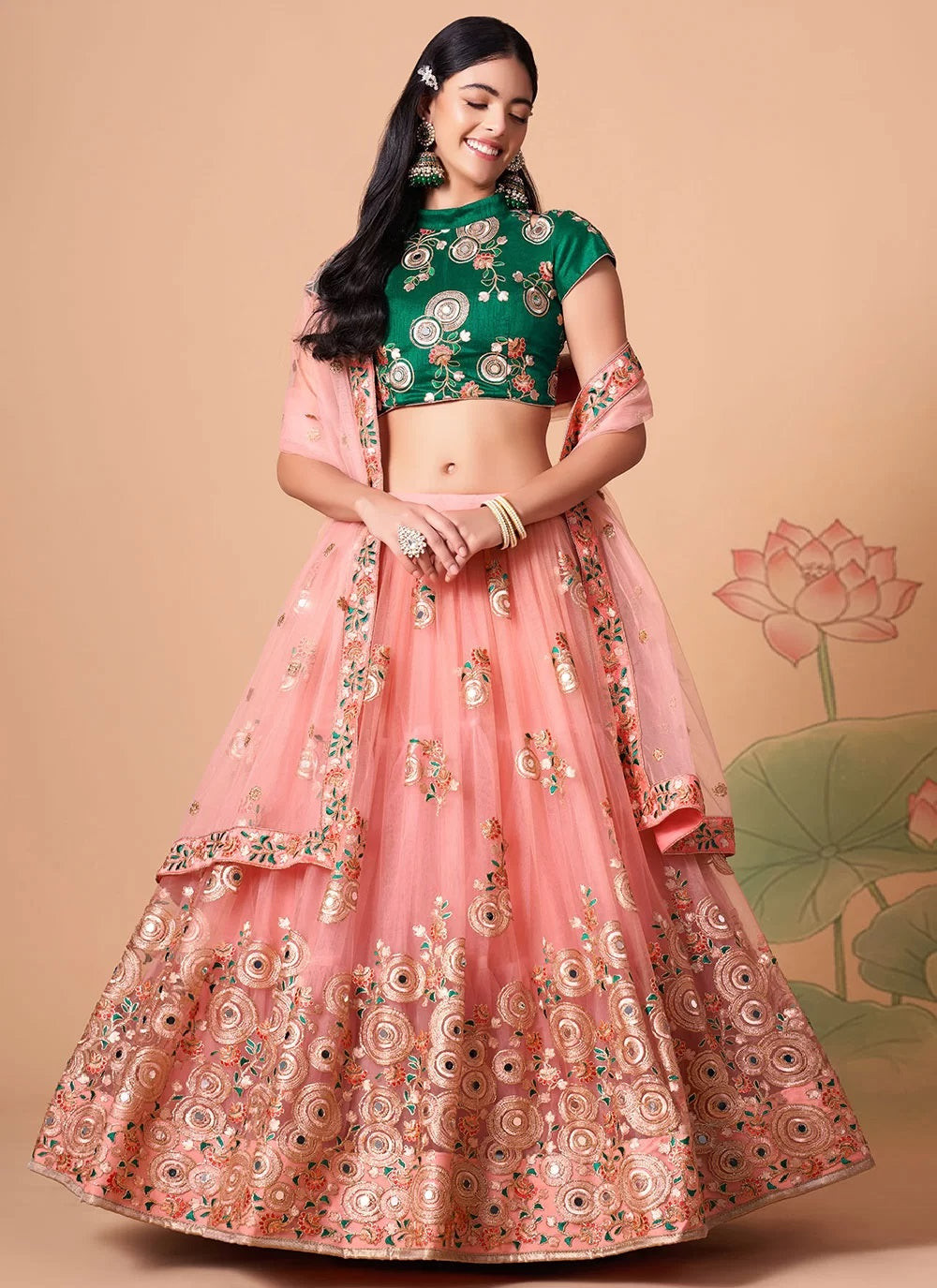 Pink elegant net lehenga with exquisite thread and zari embroidery