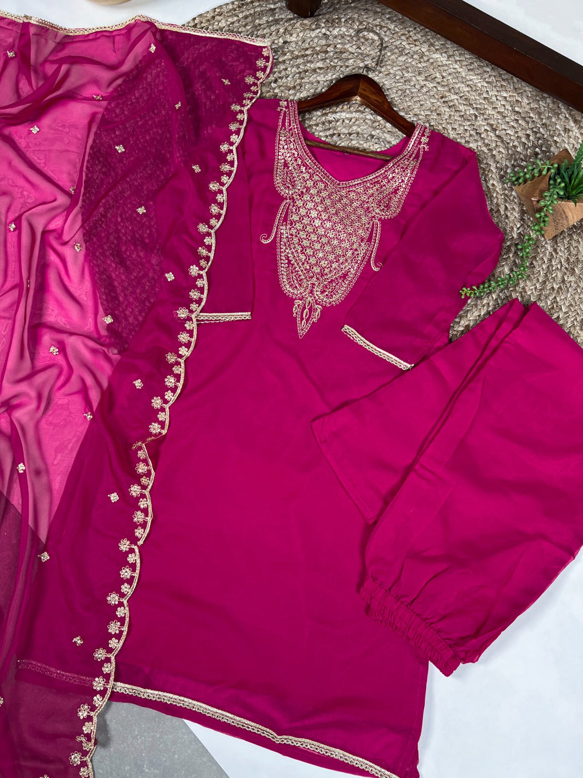 Pink Elegant Organza Embroidered Suit Set With Dupatta Sequins Thread Work Stitched Top And Bottom