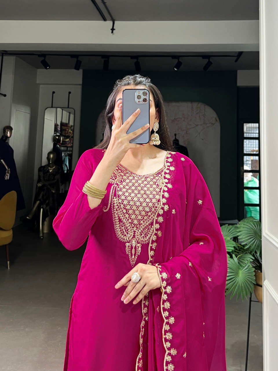 Pink Elegant Organza Embroidered Suit Set With Dupatta Sequins Thread Work Stitched Top And Bottom