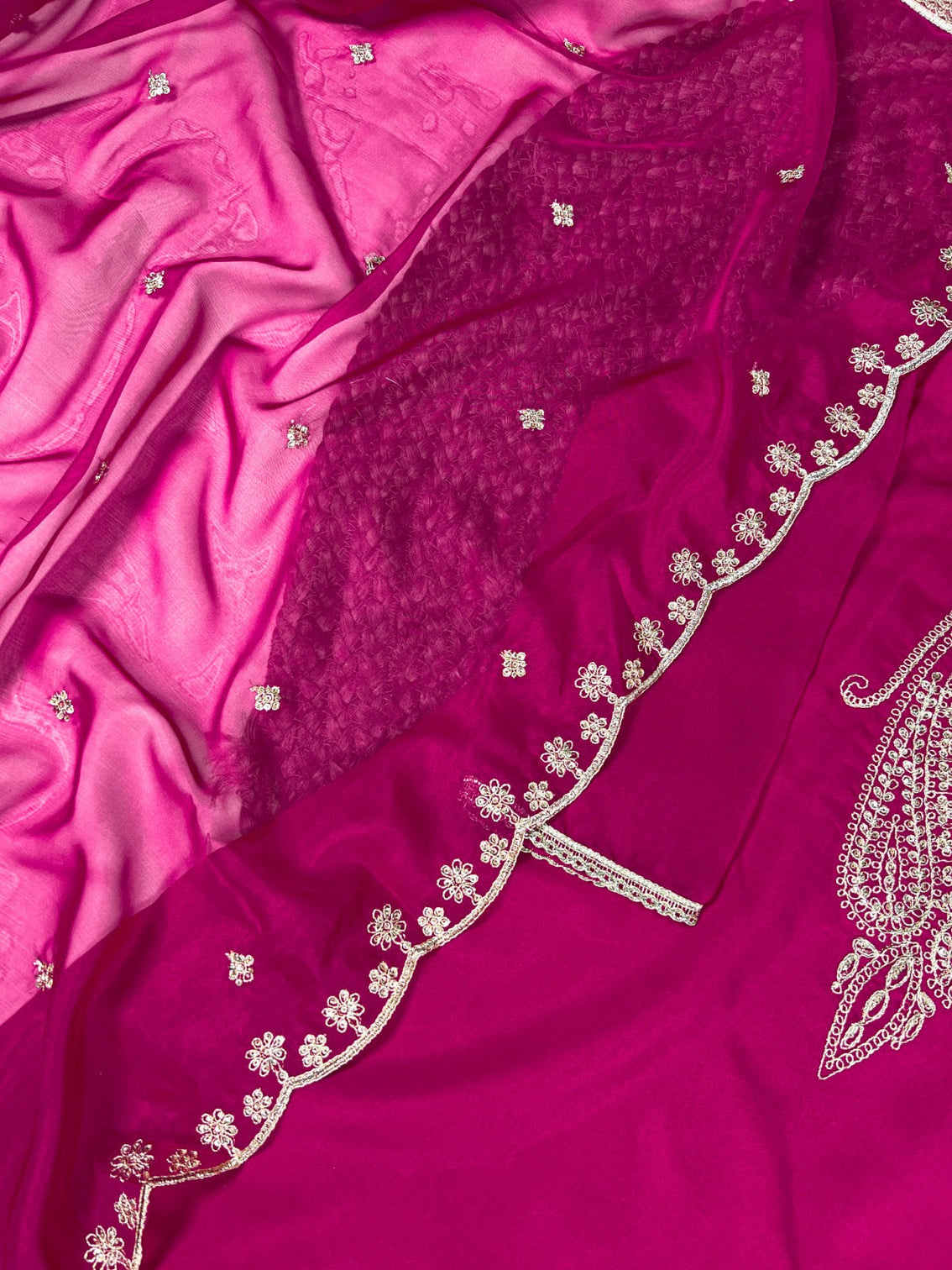 Pink Elegant Organza Embroidered Suit Set With Dupatta Sequins Thread Work Stitched Top And Bottom