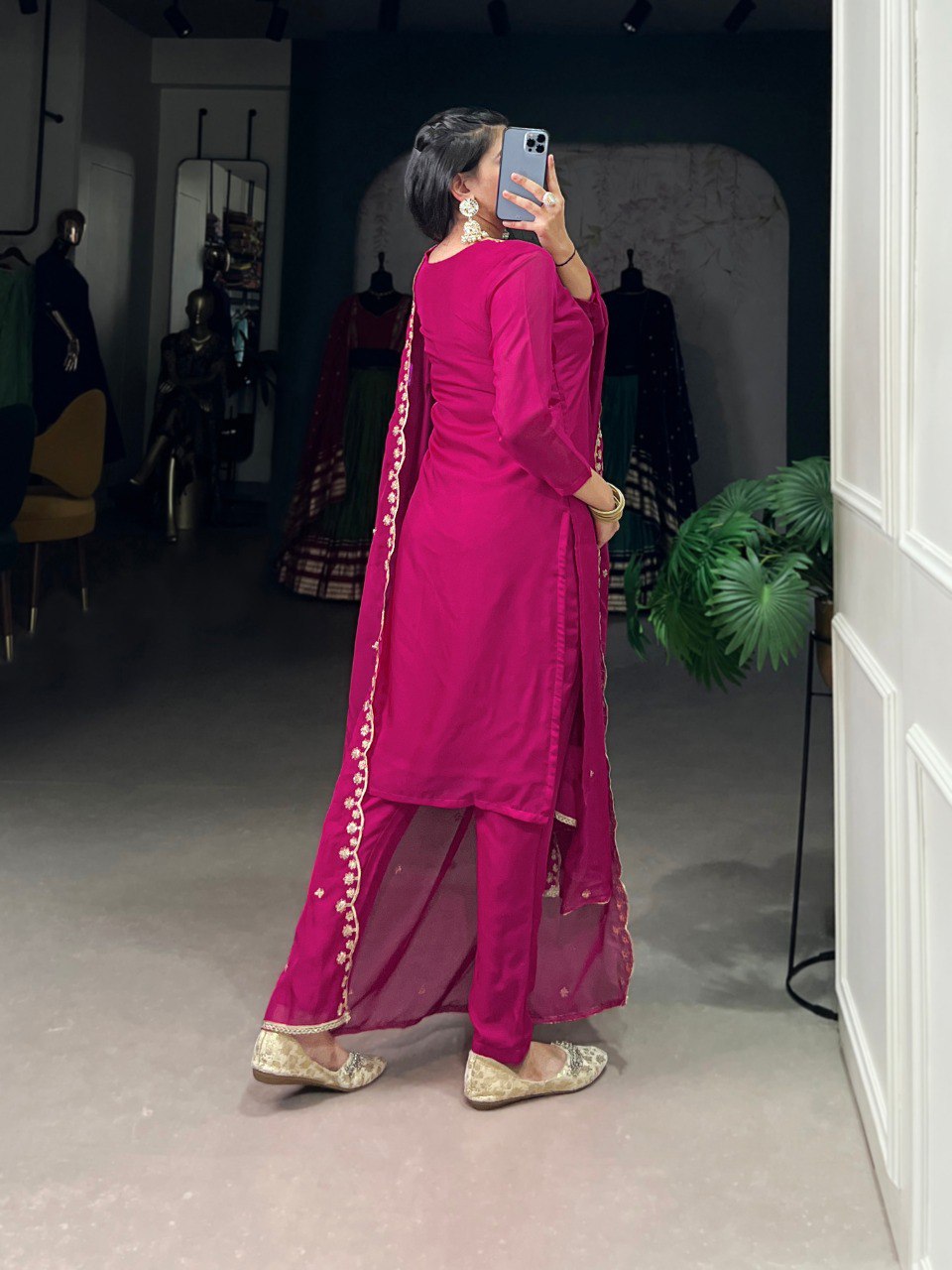 Pink Elegant Organza Embroidered Suit Set With Dupatta Sequins Thread Work Stitched Top And Bottom