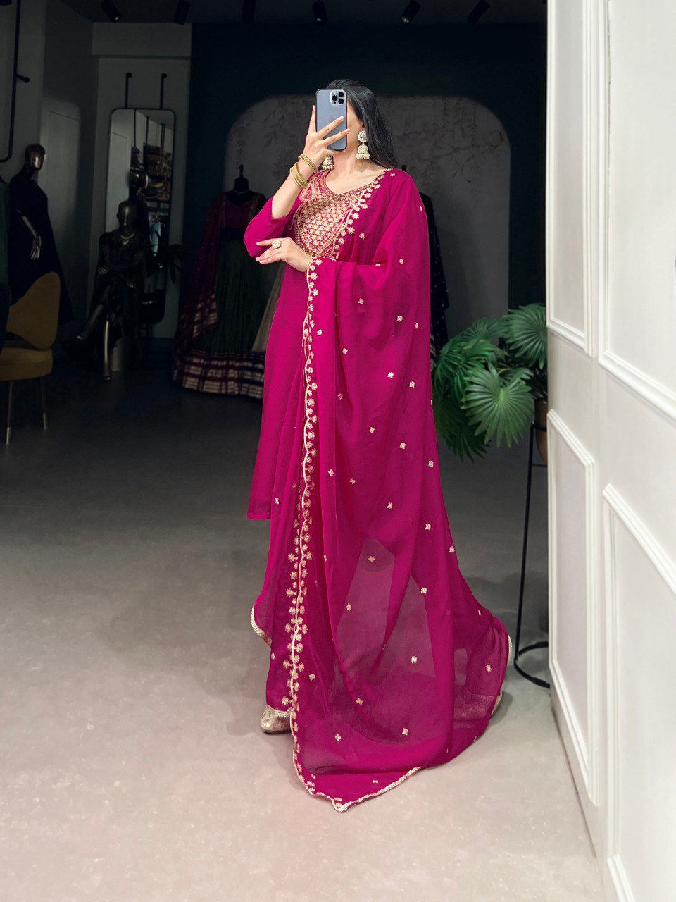 Pink Elegant Organza Embroidered Suit Set With Dupatta Sequins Thread Work Stitched Top And Bottom