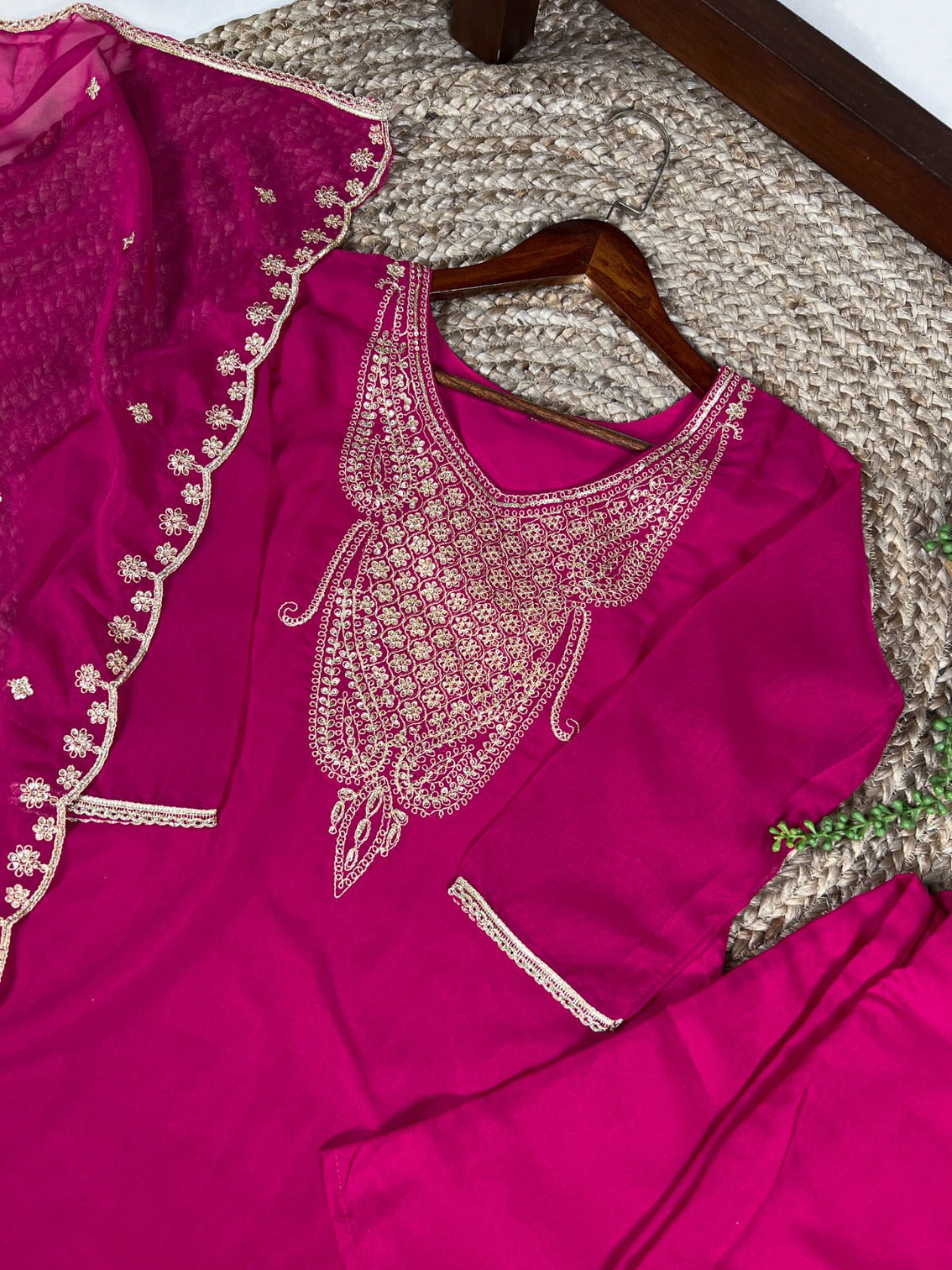 Pink Elegant Organza Embroidered Suit Set With Dupatta Sequins Thread Work Stitched Top And Bottom