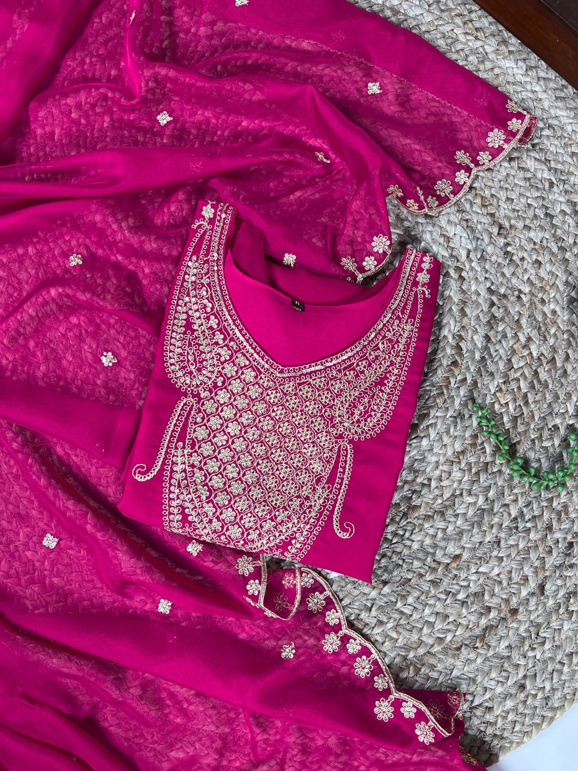 Pink Elegant Organza Embroidered Suit Set With Dupatta Sequins Thread Work Stitched Top And Bottom