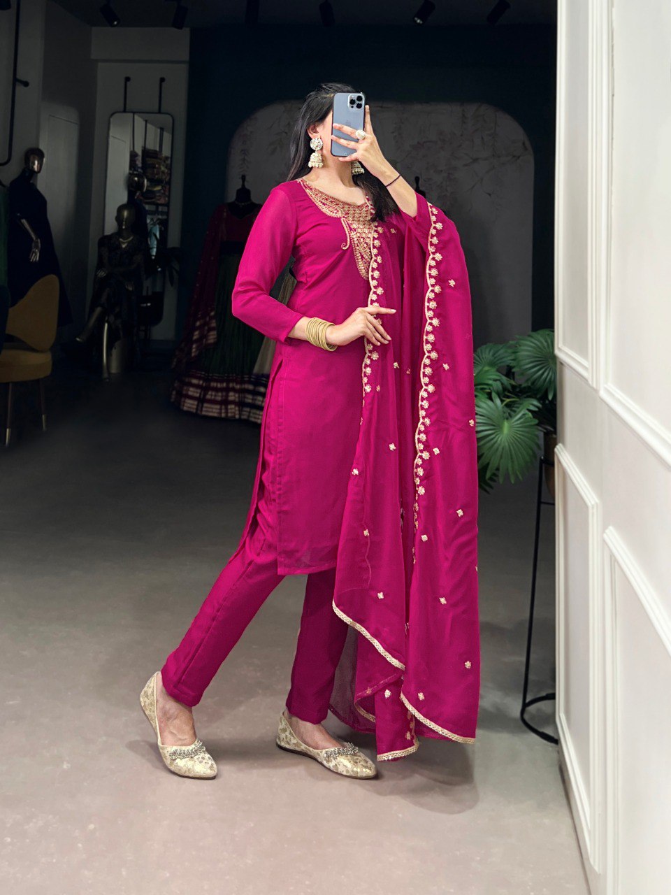 Pink Elegant Organza Embroidered Suit Set With Dupatta Sequins Thread Work Stitched Top And Bottom