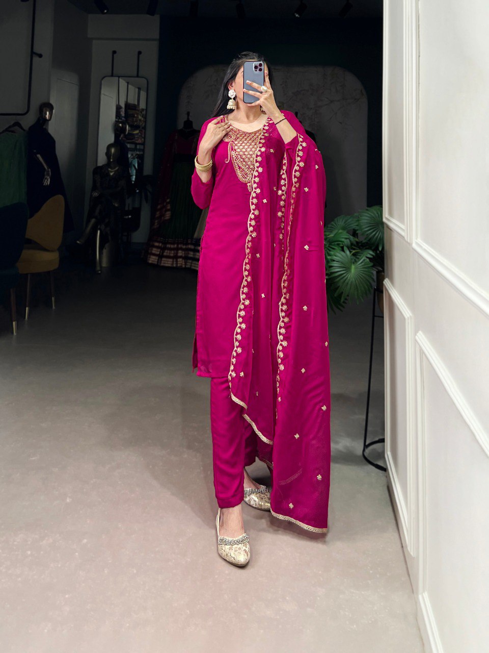 Pink Elegant Organza Embroidered Suit Set With Dupatta Sequins Thread Work Stitched Top And Bottom