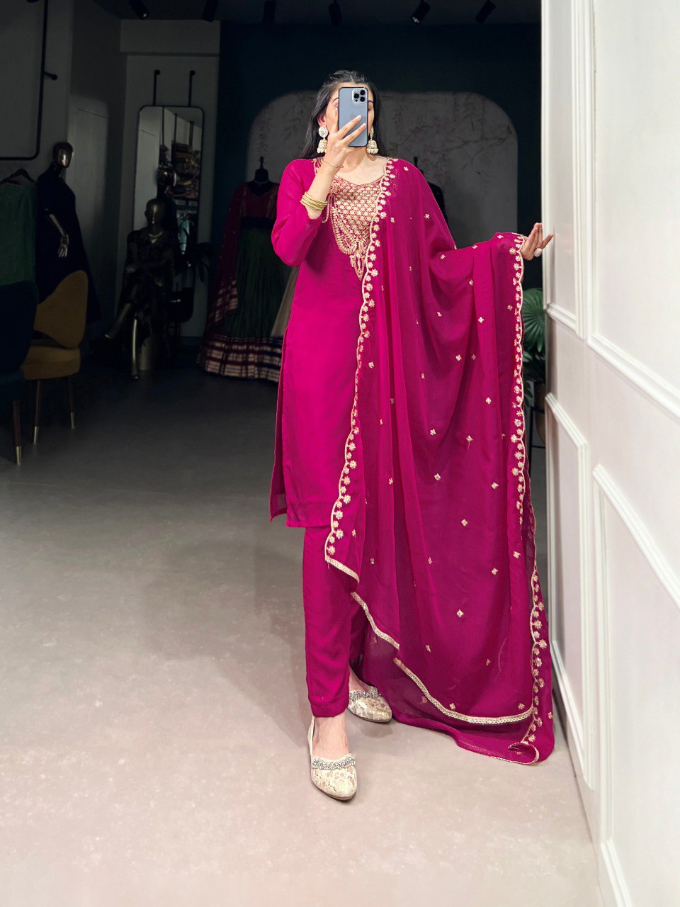 Pink Elegant Organza Embroidered Suit Set With Dupatta Sequins Thread Work Stitched Top And Bottom