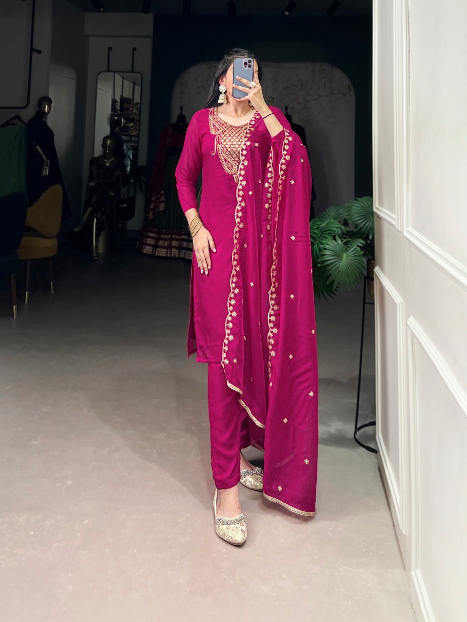 Pink Elegant Organza Embroidered Suit Set With Dupatta Sequins Thread Work Stitched Top And Bottom