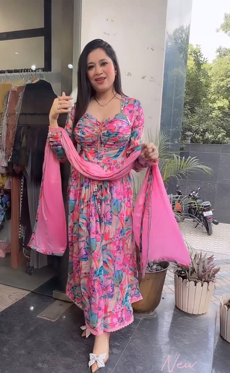 Pink Elegant Padded Naira Cut Chinon Silk Printed Dress with Dupatta – Perfect for Festive and Party Wear