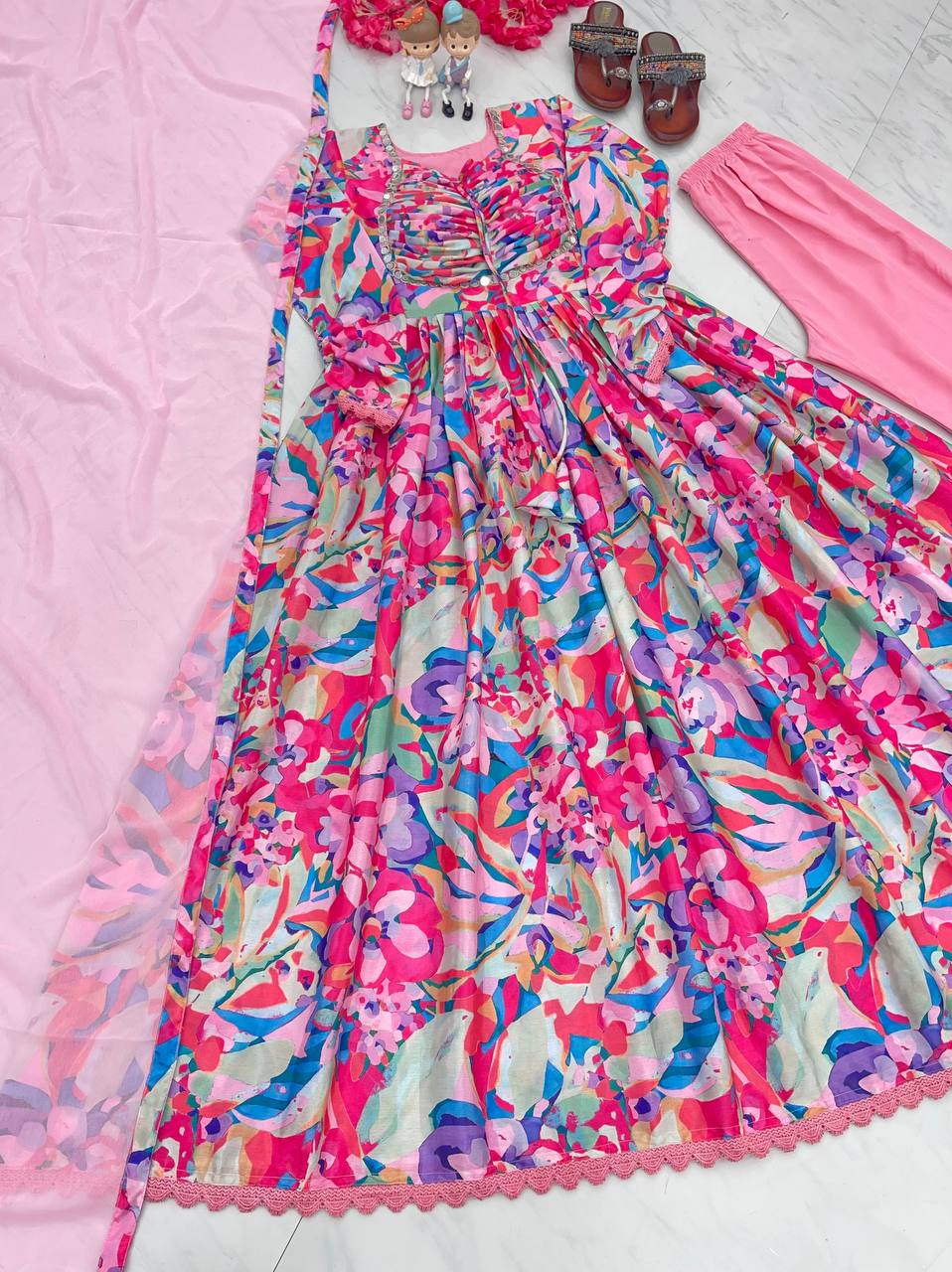 Pink Elegant Padded Naira Cut Chinon Silk Printed Dress with Dupatta – Perfect for Festive and Party Wear