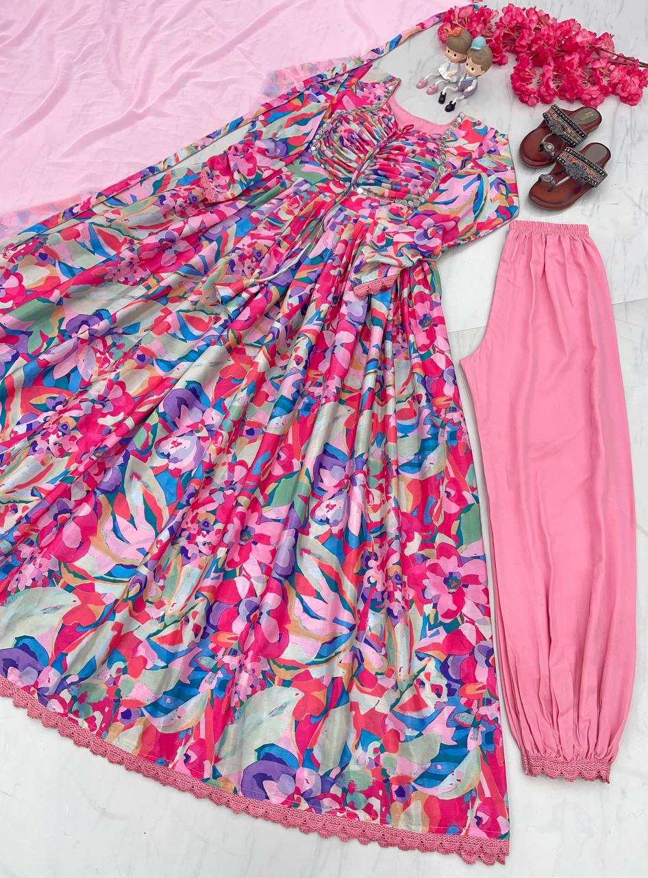Pink Elegant Padded Naira Cut Chinon Silk Printed Dress with Dupatta – Perfect for Festive and Party Wear