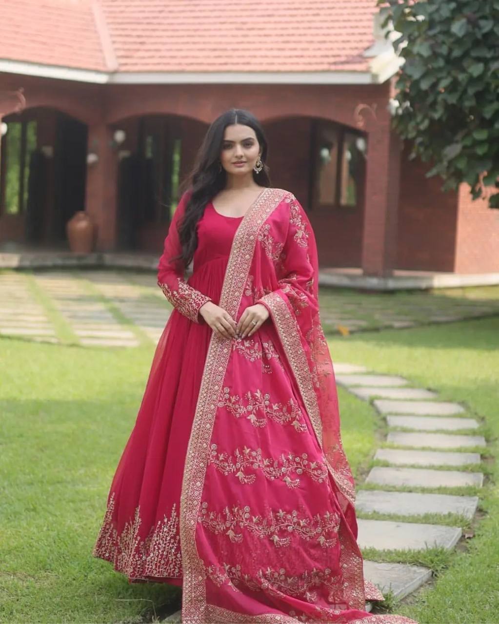 Pink Elegant Party Wear Gown Set with Dupatta & Bottom - Heavy Faux Georgette Embroidered Ensemble