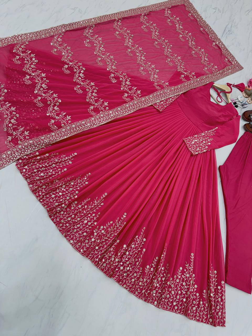 Pink Elegant Party Wear Gown Set with Dupatta & Bottom - Heavy Faux Georgette Embroidered Ensemble