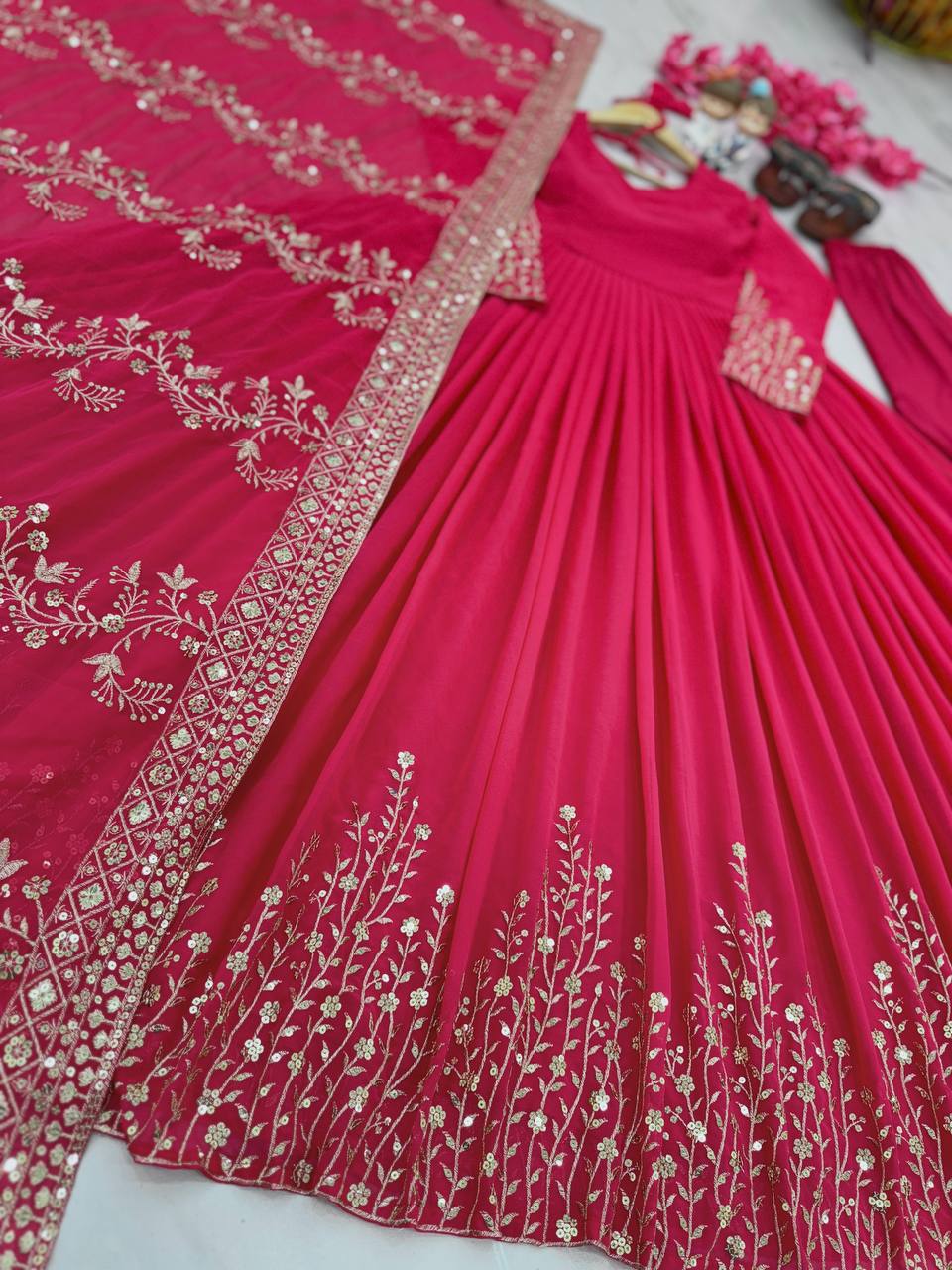 Pink Elegant Party Wear Gown Set with Dupatta & Bottom - Heavy Faux Georgette Embroidered Ensemble