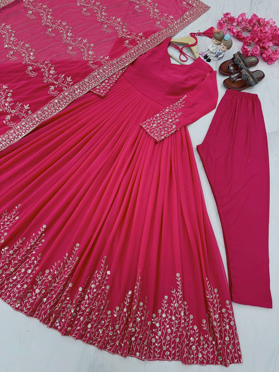 Pink Elegant Party Wear Gown Set with Dupatta & Bottom - Heavy Faux Georgette Embroidered Ensemble