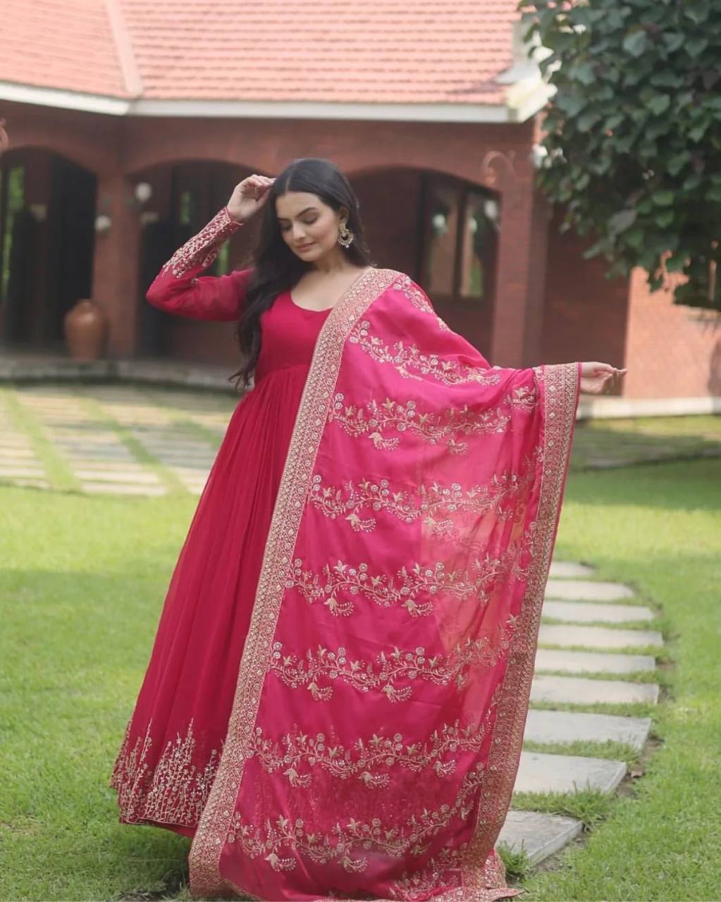 Pink Elegant Party Wear Gown Set with Dupatta & Bottom - Heavy Faux Georgette Embroidered Ensemble