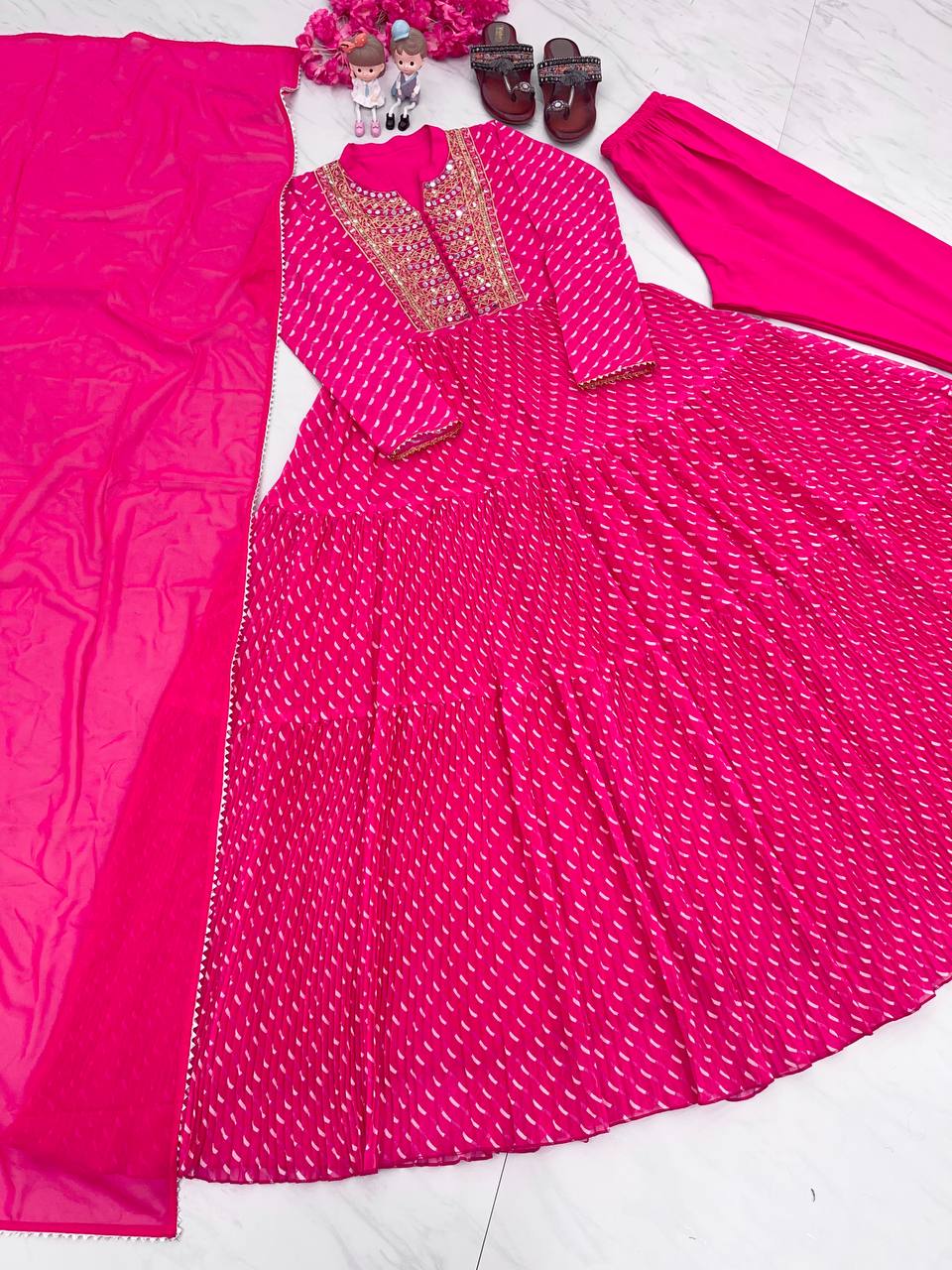 Pink Elegant Party Wear Gown Set with Three-Layered Ruffles, Dupatta & Bottom