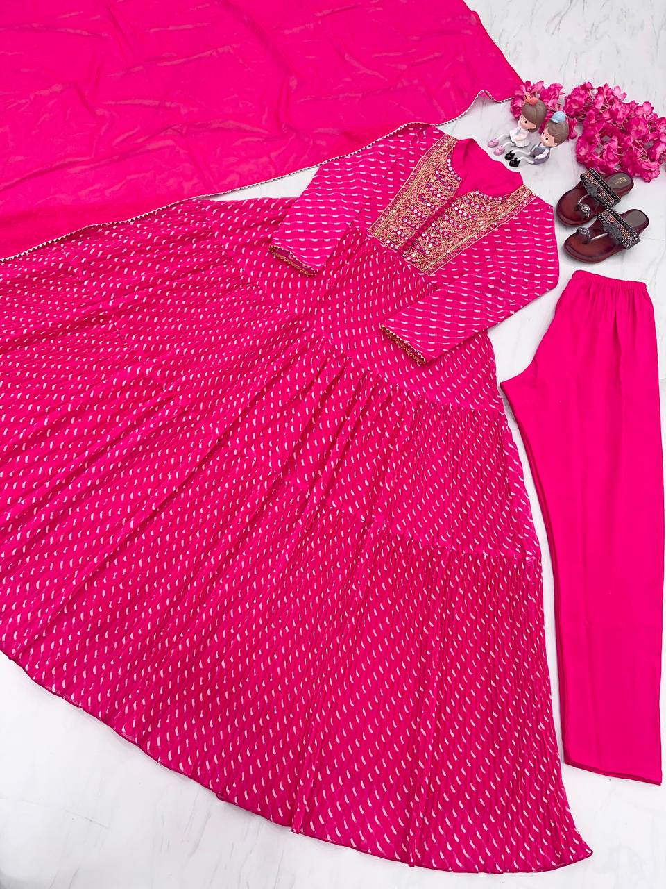 Pink Elegant Party Wear Gown Set with Three-Layered Ruffles, Dupatta & Bottom