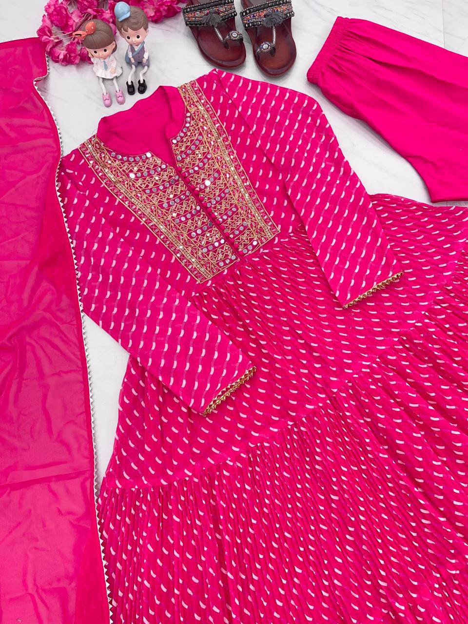 Pink Elegant Party Wear Gown Set with Three-Layered Ruffles, Dupatta & Bottom