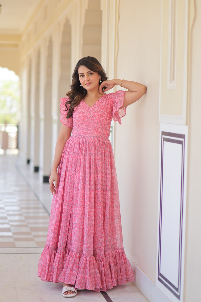 Pink Elegant Printed Faux Georgette Gown with Bell Sleeves & V-Neck